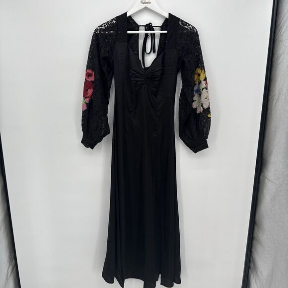 Topshop Black Satin Long Midi Dress Floral Embroidery Size 2 Formal - Picture 2 of 12